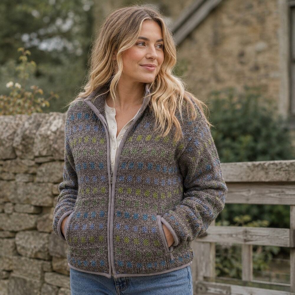 Pachamama Made in Nepal Fleece Lined Wool Knit Full Zip Cardigan Gray Small